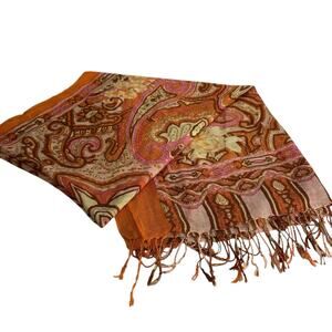 Paisley Fringe Wrap Scarf in Burnt Orange and Pink